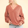 VERY J Two Tone Ribbed V-Neck Exposed Seam Top - Cedar Wood