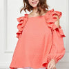 Lime 'N' Chili Ruffle Trim Cold Shoulder Swiss Dot Blouse - CORAL