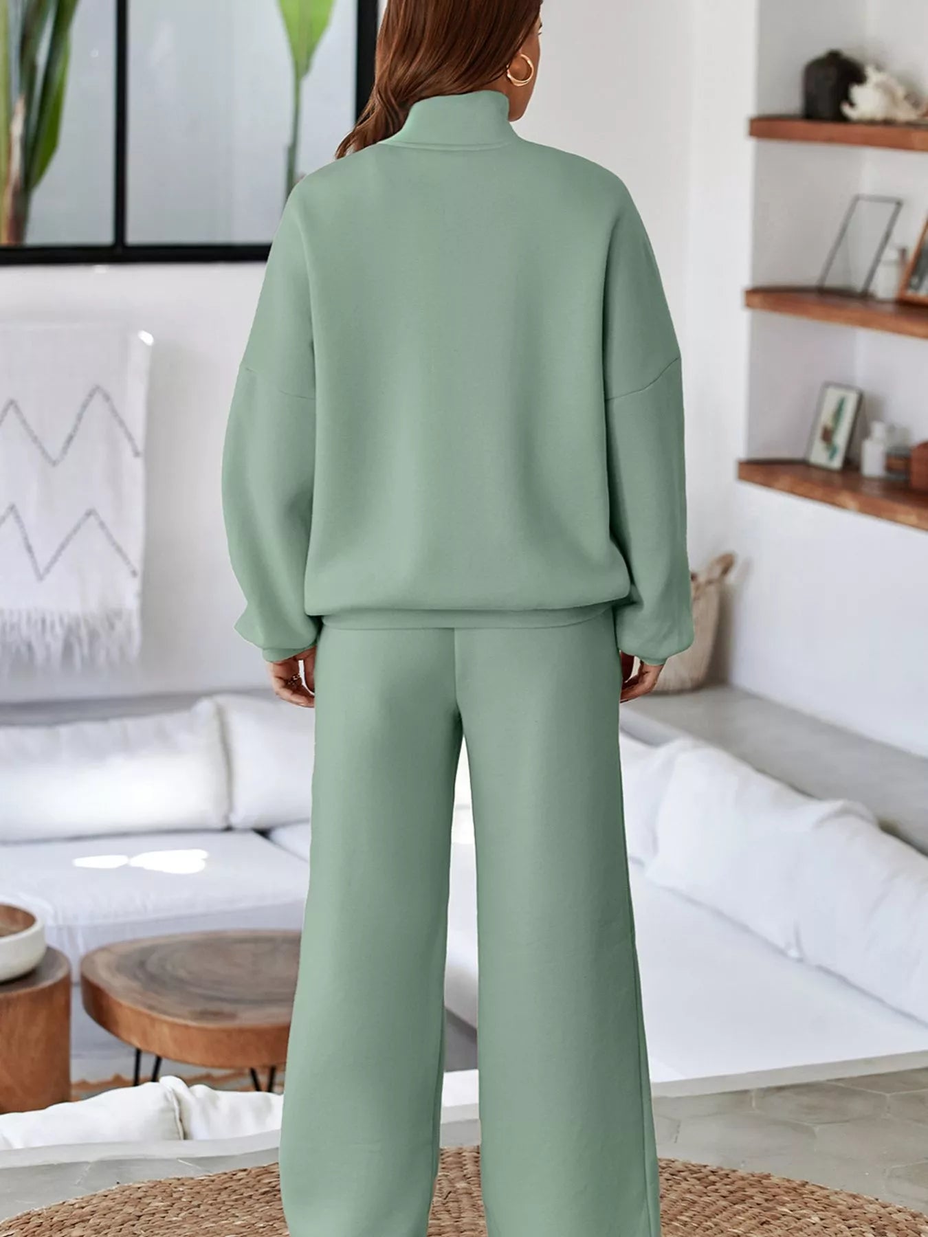 Drop Shoulder Zip Up Jacket and Drawstring Pants Active 2pcs Set - Farnelli