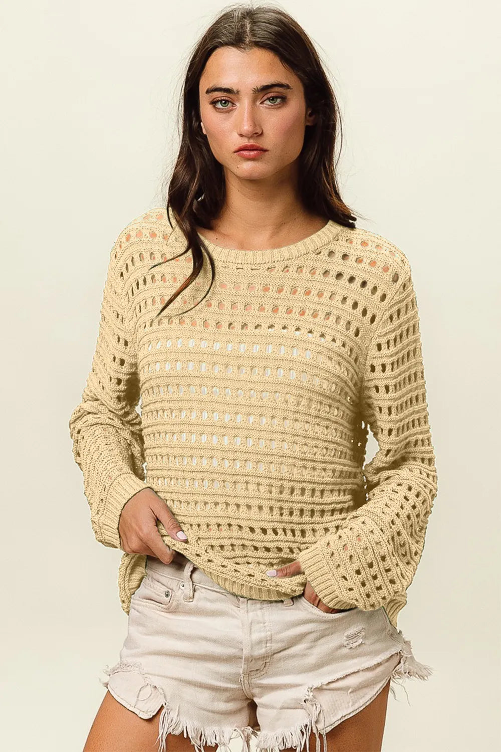 BiBi Round Neck Openwork Knit Cover Up - Farnelli