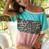 BiBi Leopard Printed Jersey  Color Block Roll Up Top - MINT/ROSE