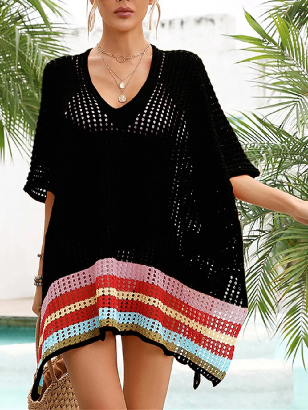 Slit Openwork V-Neck Half Sleeve Cover-Up - Farnelli