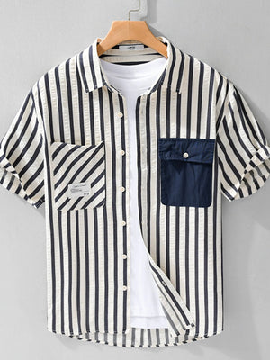 Men's Plus Size Striped Button Up Short Sleeve Shirt - Farnelli