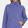 Zenana Turtleneck Half Snap Fleece Sweatshirt - Blue Purple