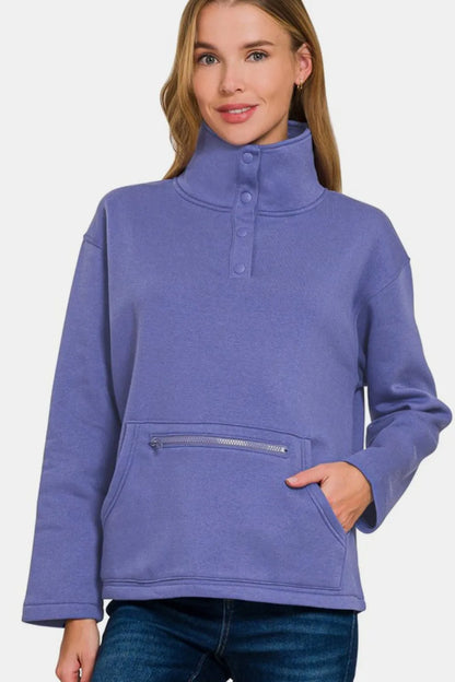 Zenana Turtleneck Half Snap Fleece Sweatshirt - Farnelli