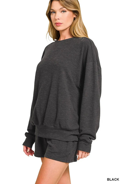 Zenana Slub Long Sleeve Top and Shorts Set - Farnelli