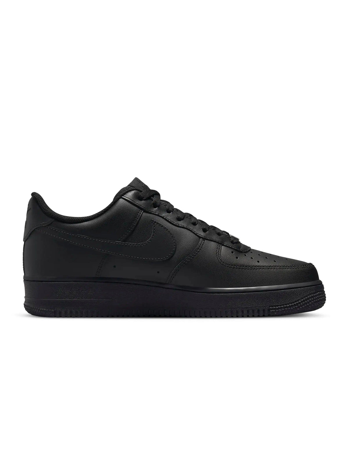 Nike Men's Air Force 1 '07 Triple Black men's shoes, side view with black leather upper and classic low-top design