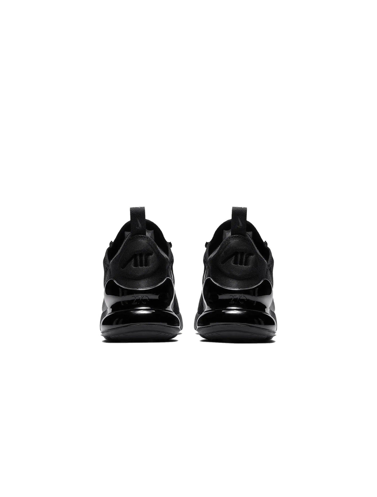 Black Nike Womens Air Max 270 sneakers with cushioned sole and sleek design, ideal for casual wear and athletic activities.