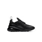Black Nike Womens Air Max 270 athletic shoes with sleek design and visible Air Max cushioning, ideal for sporty casual wear.