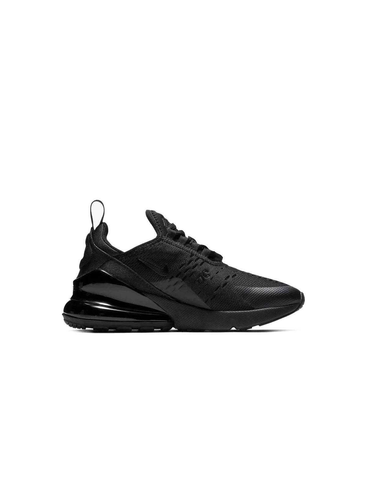 Black Nike Womens Air Max 270 athletic shoes with sleek design and visible Air Max cushioning, ideal for sporty casual wear.