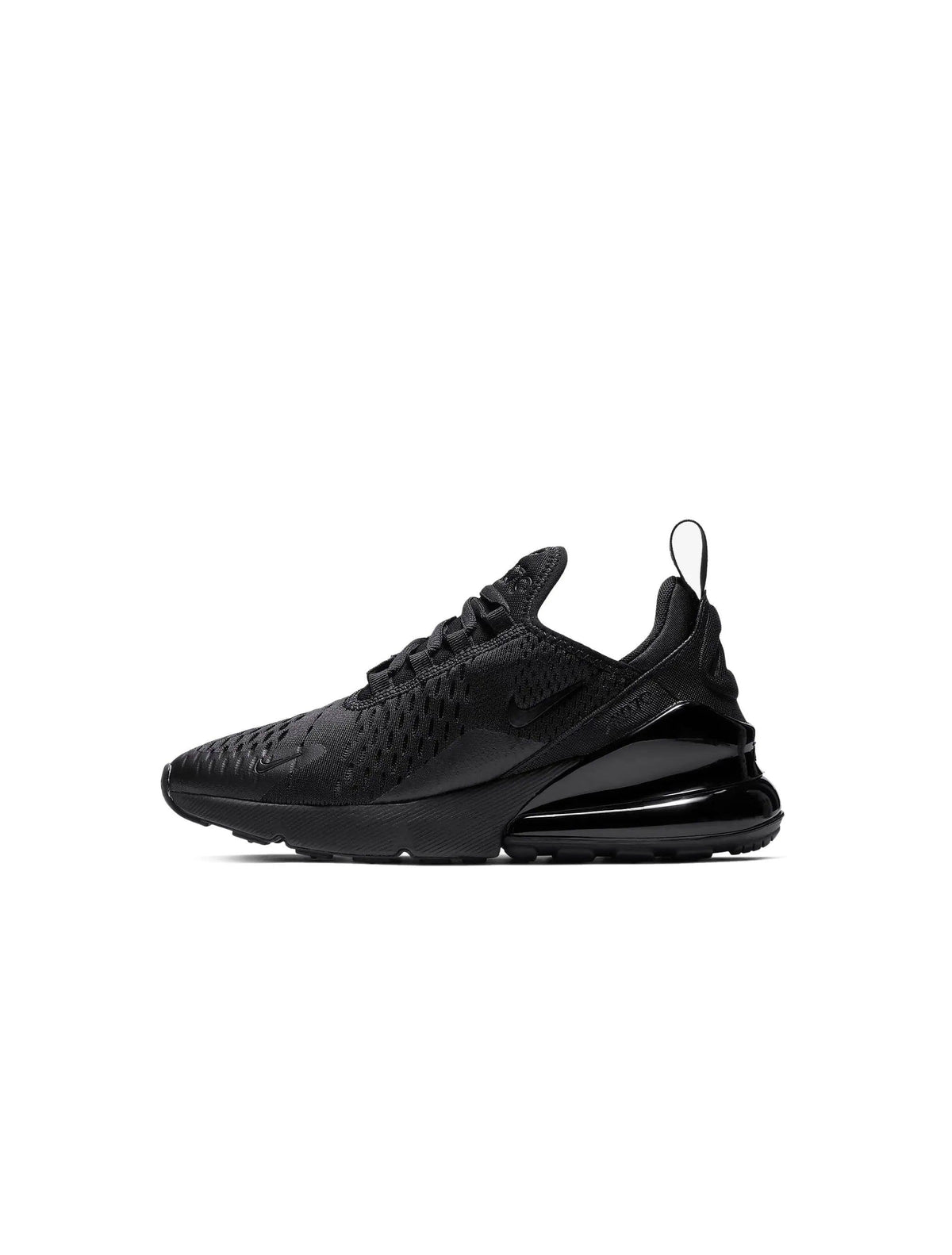 Black Nike Womens Air Max 270 athletic shoes, showcasing the sleek design and cushioning of the popular footwear model.