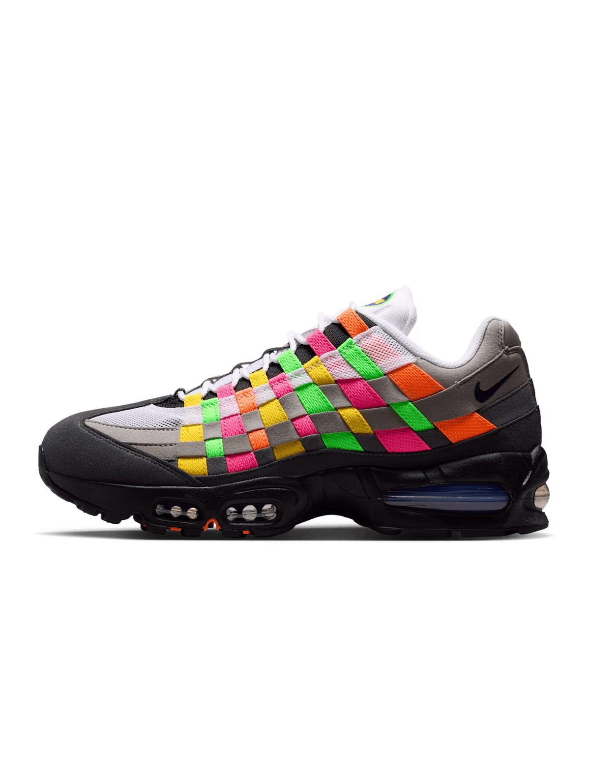 Nike men's Air Max 95 Big Bubble Woven sneakers in multicolor with Hyper Pink and Green Strike accents