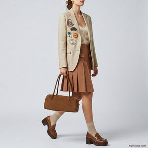 TAKEASY Italian genuine suede shoulder bag in mocha, stylish leather shoulder bag with sleek design and adjustable strap.