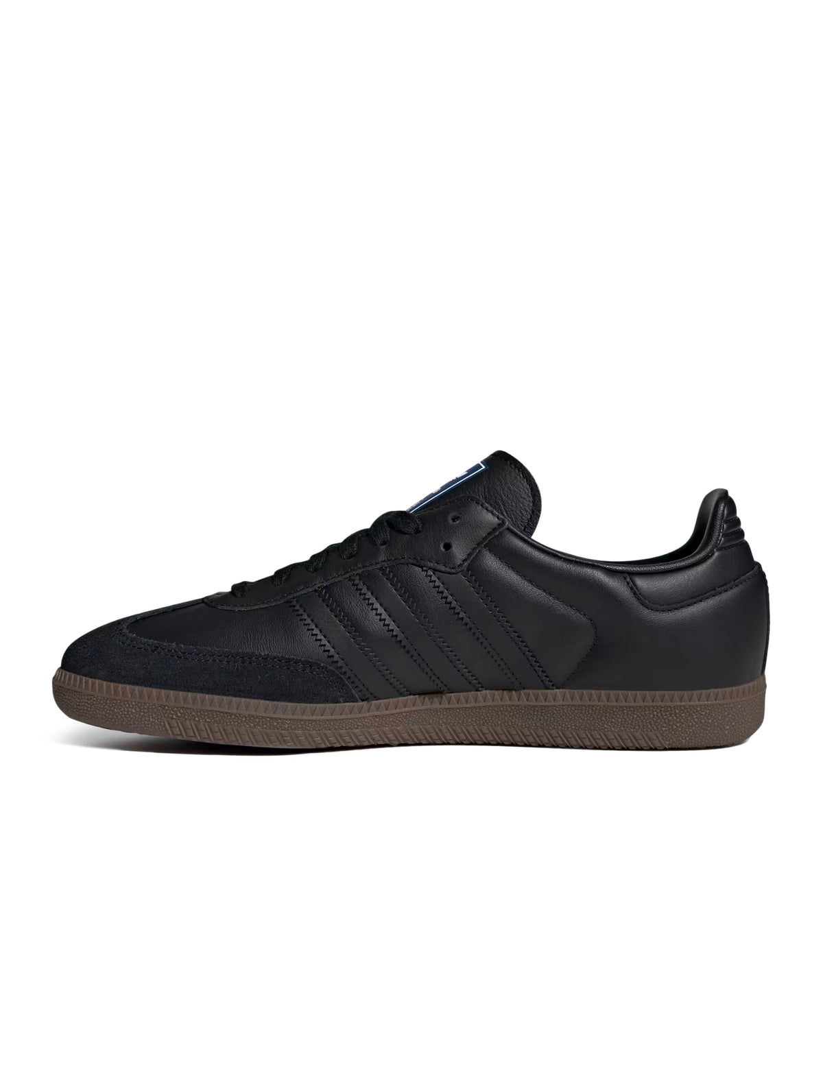 Black Adidas Men's Samba OG sneakers, side view.
