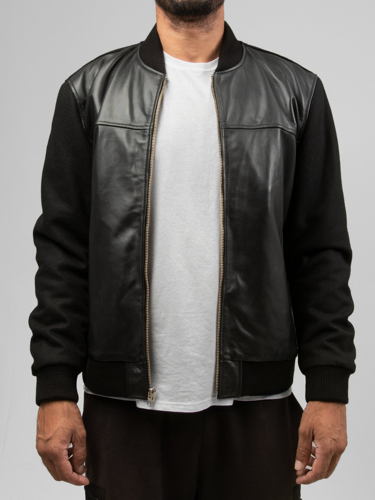 Andre men's varsity leather jacket by Whet Blu NYC, front view