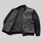 Andre men's varsity leather jacket by Whet Blu NYC, inner view with striped lining and snap-button closure