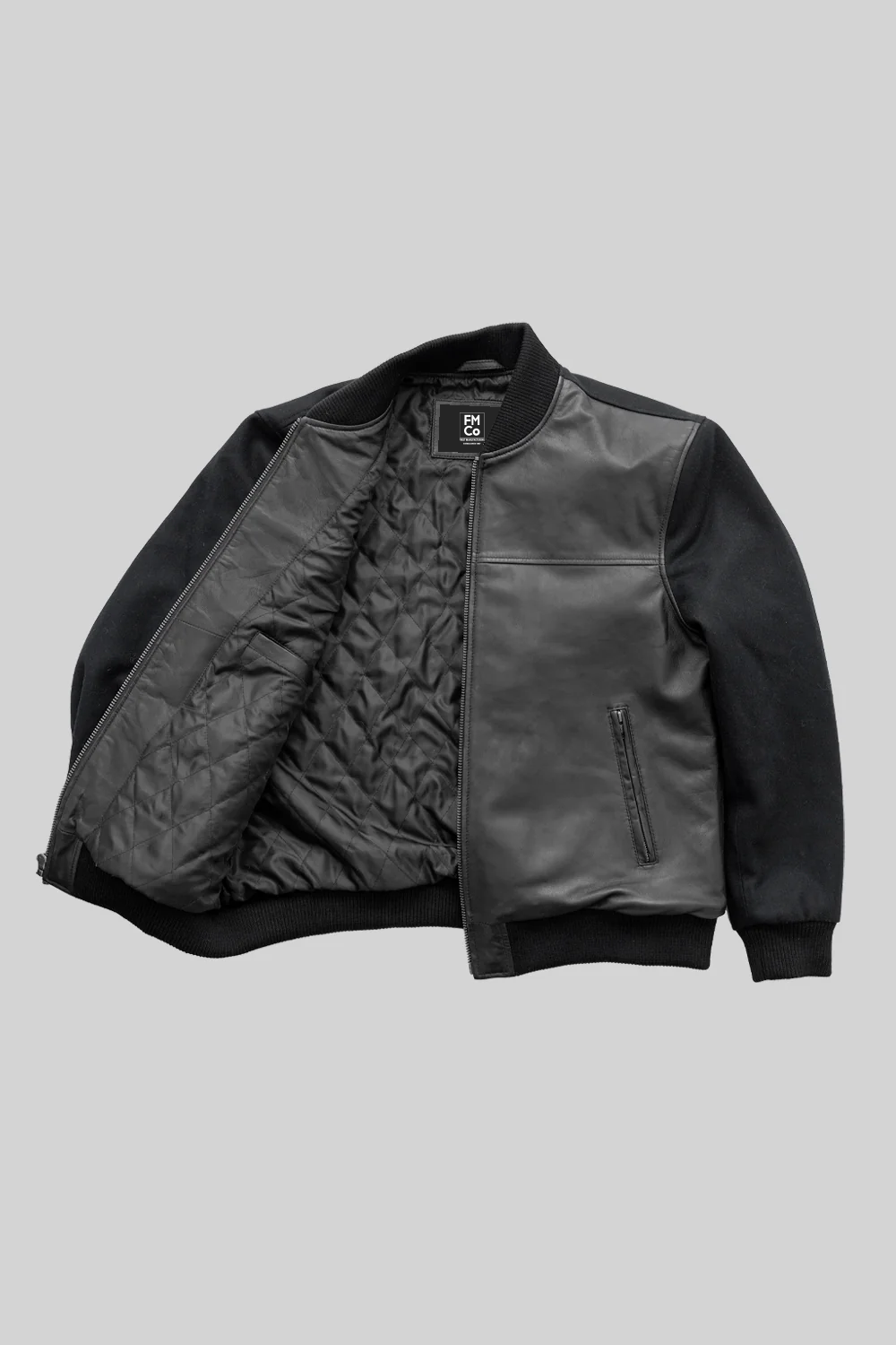 Andre men's varsity leather jacket by Whet Blu NYC, inner view with striped lining and snap-button closure