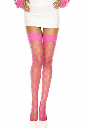 Black thigh high stockings with multi-fence net design from 3wishes.com, featuring a stretchy, sheer material and decorative pattern.