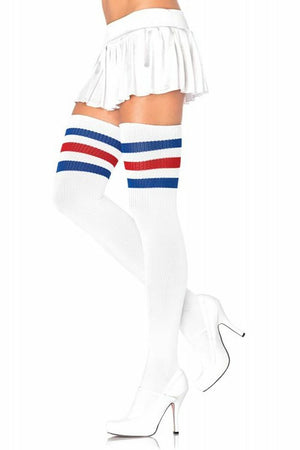 Striped thigh high stockings in black and white, featuring a bold pattern and smooth stretch fit, designed for stylish legwear.