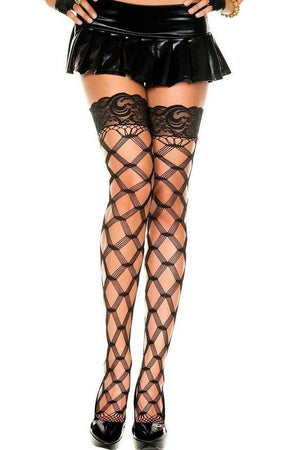 Multi fence net thigh high stockings by 3wishes.com featuring intricate fence pattern and sheer nylon material.