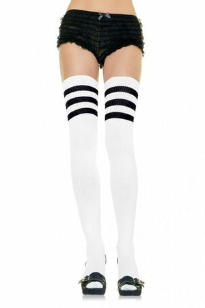 Striped thigh-high stockings from 3wishes.com featuring bold black and white horizontal stripes, sheer fabric, and fitted elastic tops.