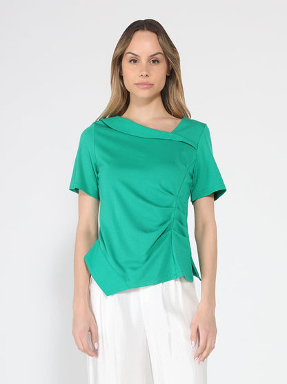 Gracia Fashion Women's Asymmetrical neck ruched detail solid top