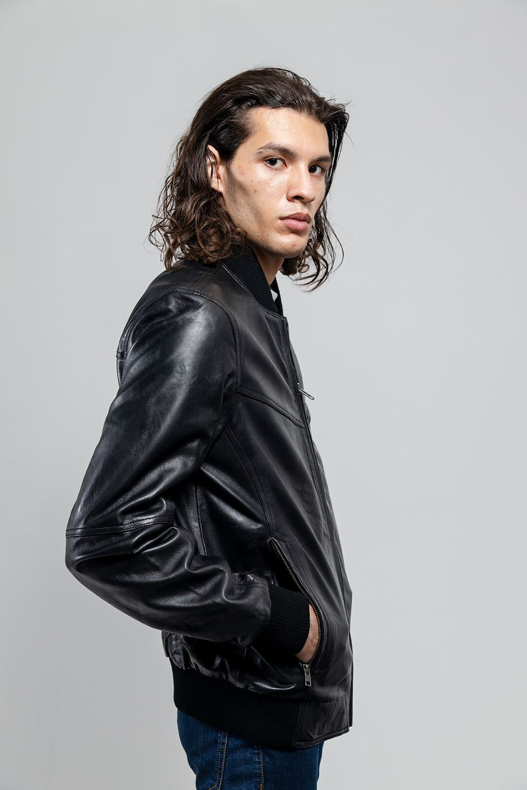 Whet Blu NYC aviator men's bomber leather jacket in side view