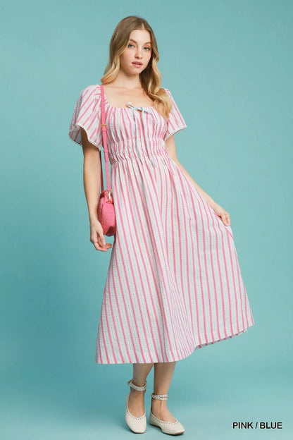 Umgee Smocked Striped Short Sleeve Midi Dress - Farnelli