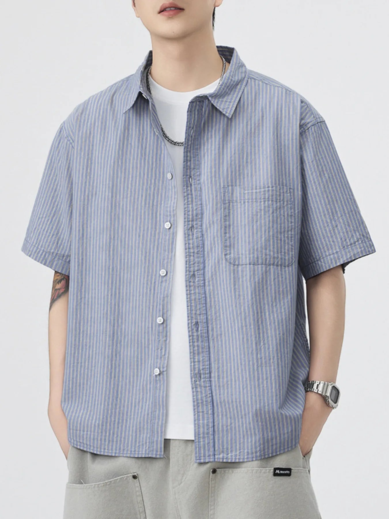 Men's Plus Size Striped Button Up Short Sleeve Shirt - Farnelli