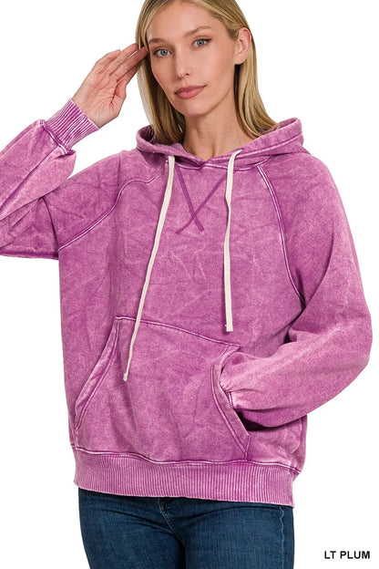 Zenana Acid Wash Fleece Hoodie with Kangaroo Pocket - Farnelli