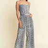 Davi & Dani Leopard Spaghetti Straps Wide Leg Jumpsuit - Blue Leopard