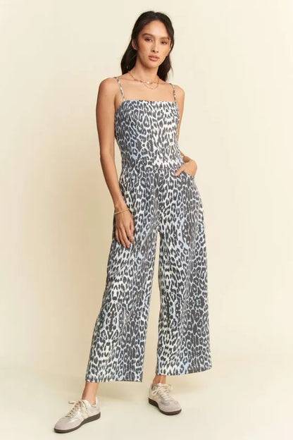 Davi & Dani Leopard Spaghetti Straps Wide Leg Jumpsuit - Farnelli