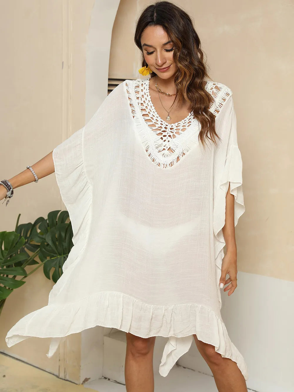 Cutout Ruffled Half Sleeve Cover-Up - Farnelli