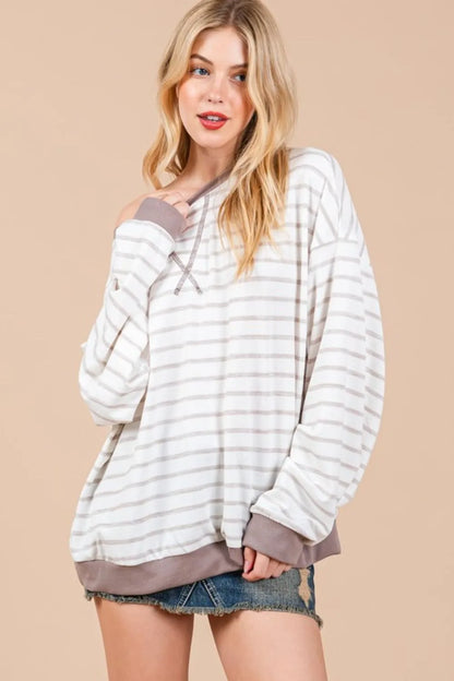Ces Femme Striped Round Neck Drop Shoulder Sweatshirt - Farnelli
