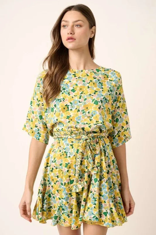 Mittoshop Floral Tie Waist Half Sleeve Mini Dress - Farnelli
