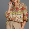 Umgee Full Size Border Print Notched 3/4 Puff Sleeve Blouse Plus Size - Yellow-Green