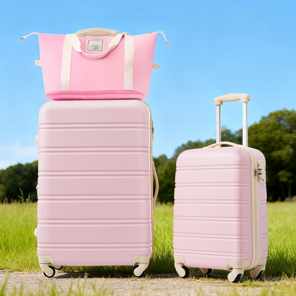 HouseOfZazla 2-piece lightweight hardshell luggage set with TSA locks in black, white, and pink