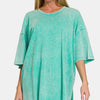 Zenana Full Size Washed Round Neck Drop Shoulder Oversized T-Shirt - Turquoise