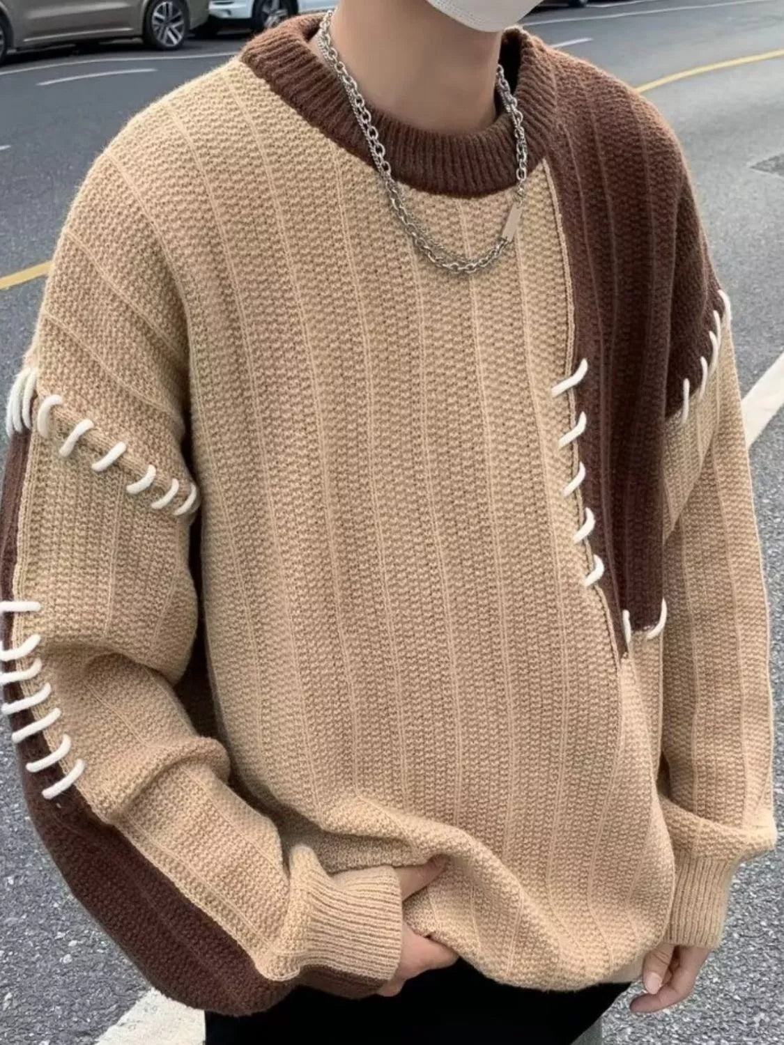 Men's Color Block Round Neck Sweater - Farnelli