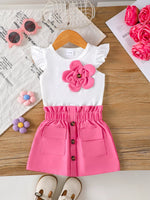 Children's Floral Applique Ruffle Sleeve Top & Skirt Set - Farnelli