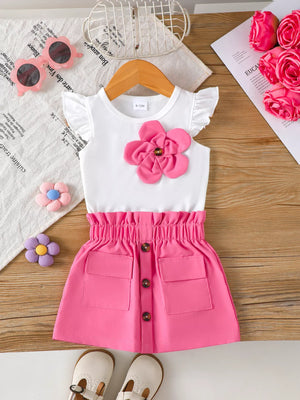 Children's Floral Applique Ruffle Sleeve Top & Skirt Set - Farnelli