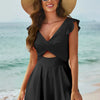 Cutout V-Neck Cap Sleeve One-Piece Swimwear - Black