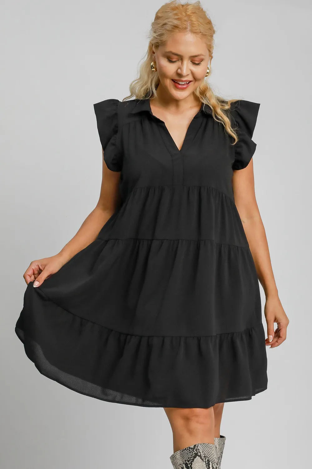 Umgee Full Size Johnny Collar Ruffle Cap Sleeve Tiered Dress Plus Size - Farnelli