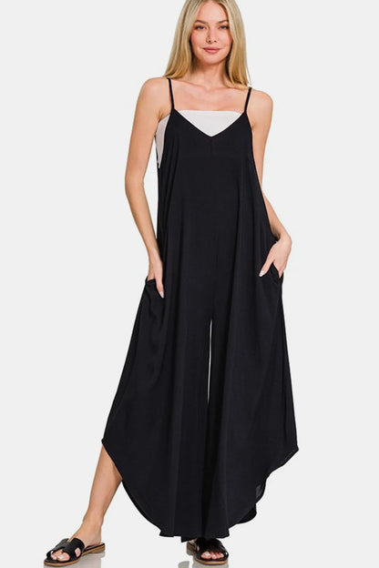 Zenana Spaghetti Strap Wide Leg Overalls with Pockets - Farnelli