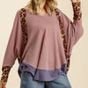 Umgee Full Size Leopard High-Low Dolman Sleeve Waffle Knit Top Plus Size - Dusty Pink