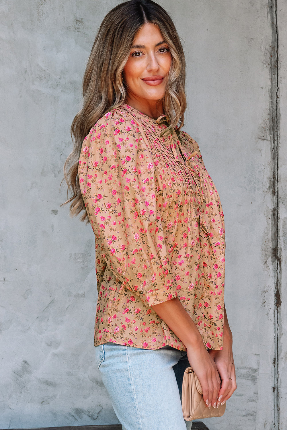 Sadie Floral Bow Pin-tuck Bust Half Puff Sleeve Blouse - Farnelli