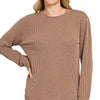 Zenana Full Size Raised Rib Round Neck Long Sleeve Top Plus Size - BROWN