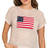 Zenana Viscose American Flag Openwork Knit Top - SAND BEIGE