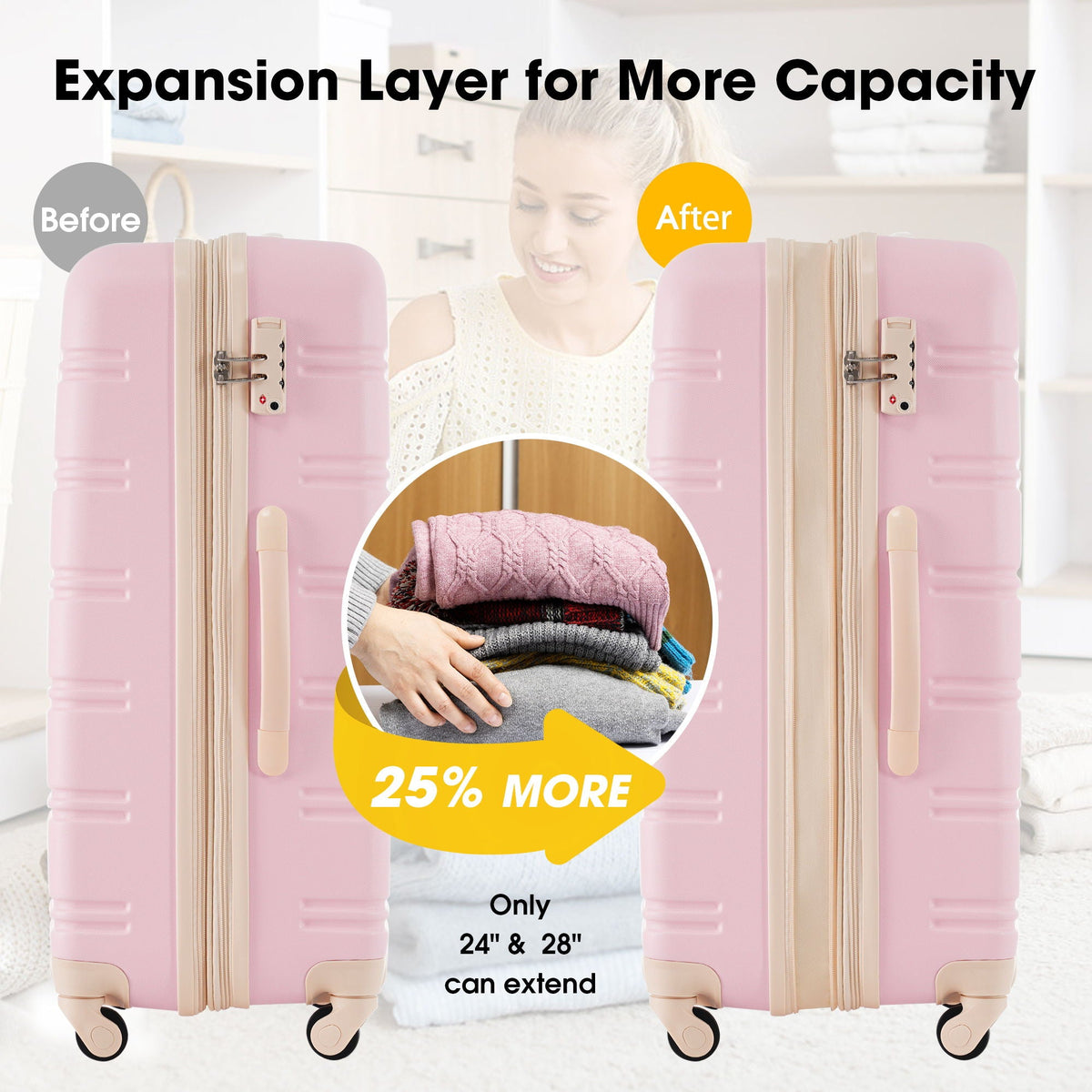 HouseOfZazla hardshell luggage set with spinner wheels and TSA lock in black, white, or pink