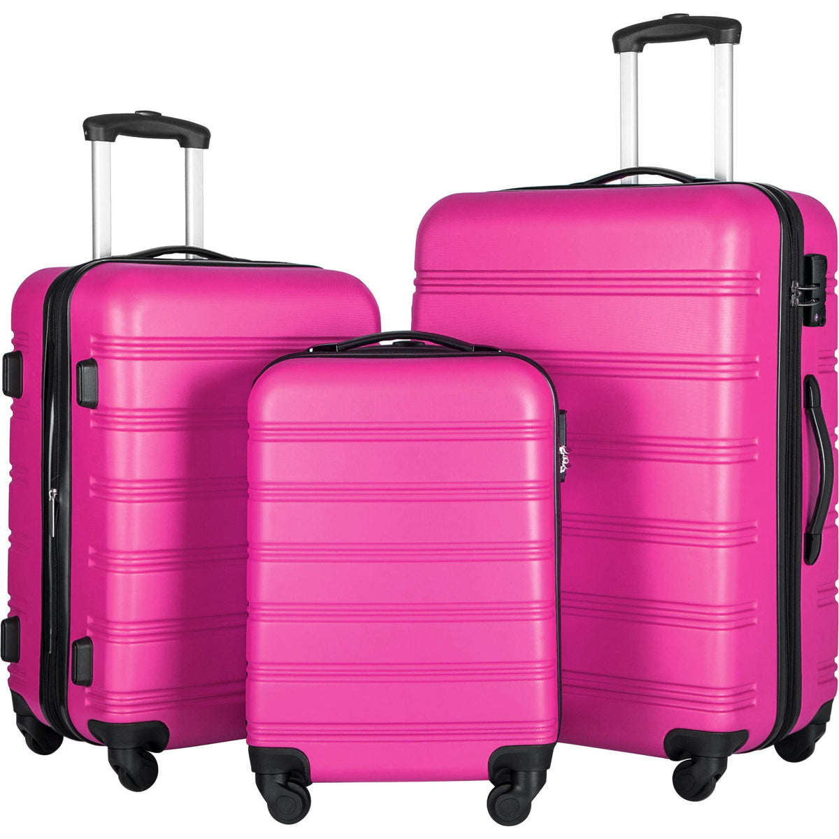 HouseOfZazla 3-piece hardside spinner luggage set in blue, purple, pink, and beige with TSA locks